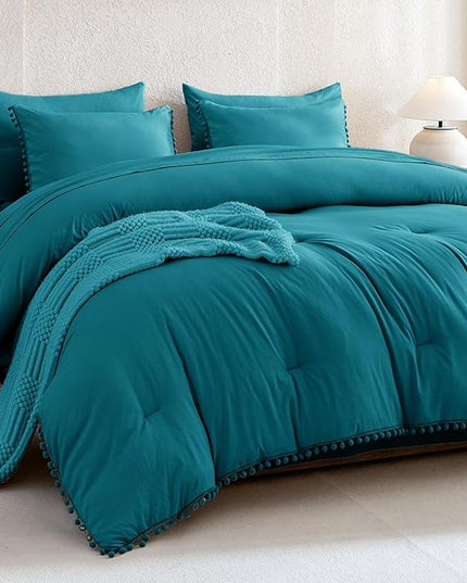 Litanika Queen Size Comforter Set Turquoise,3 Pieces Turquoise Boho Pom Pom Lightweight Bed Comforter, All Season Soft Solid Color Bedding Comforter Sets (1 Comforter 90x90 Inch, 2 Pillowcases) - LeafyLoom
