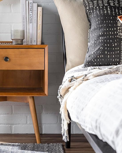 Walker Edison Mid Century Modern Wood Nightstand Side Table Bedroom Storage Drawer and Shelf Bedside End Table, 1 Drawer, Caramel - LeafyLoom