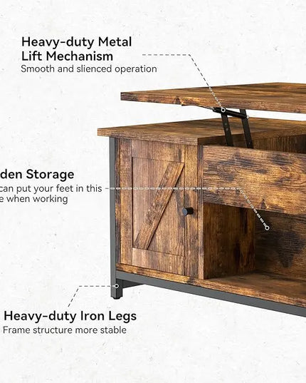 FABATO 41.7" Lift Top Coffee Table with Storage Drawer& Hidden Compartment Barn Door Cabinet Center Table Coffee Table for Living Room Farmhouse Industrial Wood (Rustic Brown2) - LeafyLoom