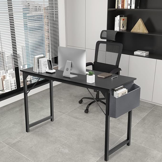 JHK Computer Desk Office 63 Inch Writing Work Kids Study Simple Wooden Table for Home Bedroom Modern Style with Headphone Hooks & Storage Bag, Black - LeafyLoom