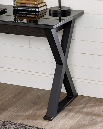 Walker Edison Lawrence Urban Industrial X Leg Glass Top Computer Desk, 48 Inch, Black - LeafyLoom