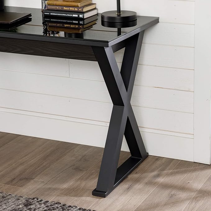 Walker Edison Lawrence Urban Industrial X Leg Glass Top Computer Desk, 48 Inch, Black - LeafyLoom