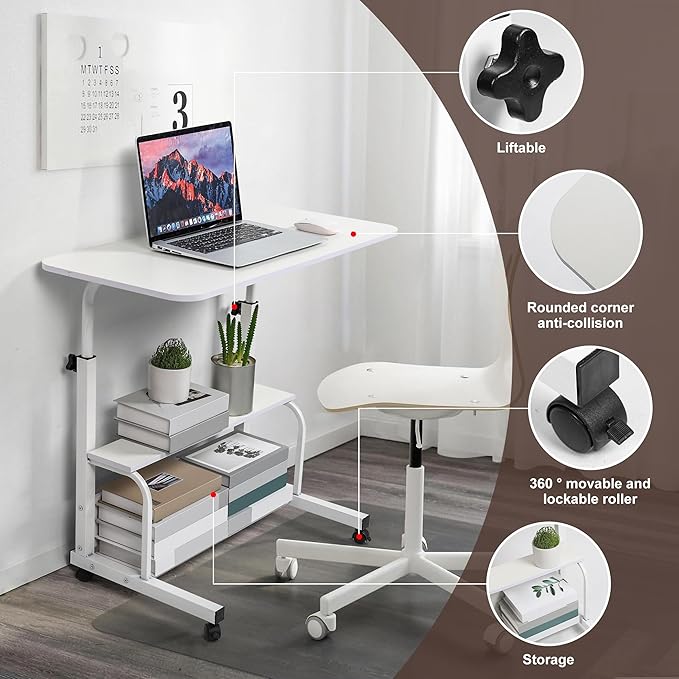 Height Adjustable Home Office Desk Movable Convenient Desk Small Spaces Computer Table Bedside Storage Desk Portable Desk Living Room Sofa Furniture Fashion Desk Size 15.7 * 31.5 Inch Pure White - LeafyLoom