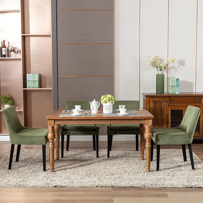 COLAMY Modern Dining Chairs Set of 6, Upholstered Corduroy Accent Side Chairs with Mid Back and Wood Legs for Living Room/Dining Room- Light Green - LeafyLoom