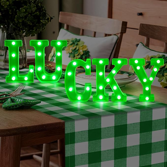 Tifeson St Patricks Day Decorations, St Patricks Day Decor - 5 LED Marquee Light Up Letters “Lucky” with Green Lights for Home Table Mantle Irish Saint Patrick’s Party Decor (Batteries Not Included) - LeafyLoom