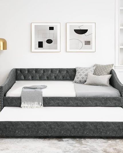 Full Size Daybed with Trundle,Linen Upholstered Sofa Bed W/Button on Back & Copper Nail on Waved Shape Armrests,Space Saving,No Spring Box Need,Wood Bedframe for Living Room Bedroom Dorm,Grey - LeafyLoom