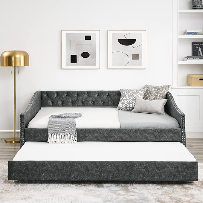 Full Size Daybed with Trundle,Linen Upholstered Sofa Bed W/Button on Back & Copper Nail on Waved Shape Armrests,Space Saving,No Spring Box Need,Wood Bedframe for Living Room Bedroom Dorm,Grey - LeafyLoom