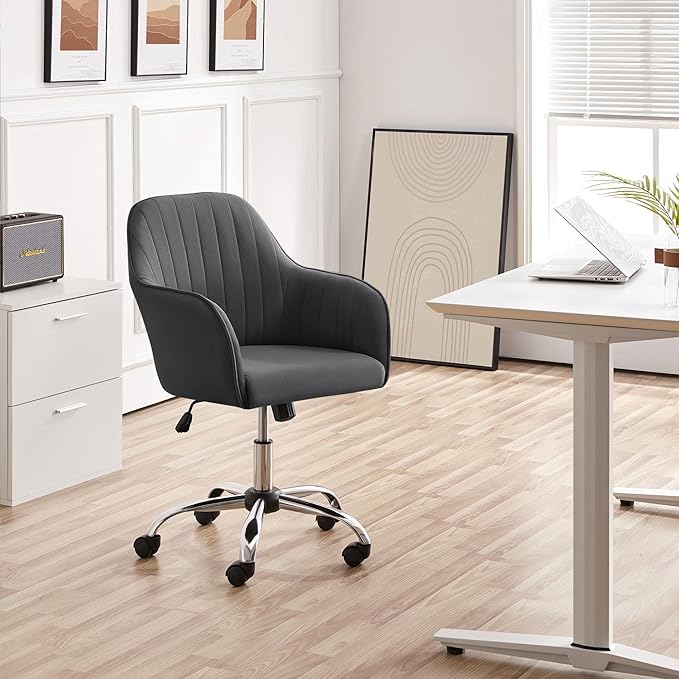 Yaheetech Modern Velvet Desk Chair Soft Height-Adjustable Swivel Computer Chair for Makeup Room Living Room Bedroom Soft Upholstered Office Chair Gray - LeafyLoom