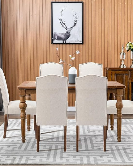 Stylish Upholstered Parsons Nailhead Trim and Sturdy Solid Wood Legs Dining Chairs, Set of 4, Cream - LeafyLoom
