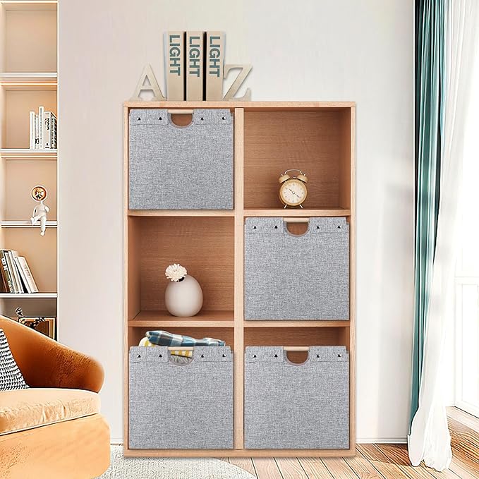 13x13x13 Inches Collapsible Storage Cubes, 4 Pack Fabric Bins with Wooden Handles for Kallax Shelves, Closet, Cabinet, Bookcase, Home Organizer Boxes for Decor and Laundry (Gray) - LeafyLoom