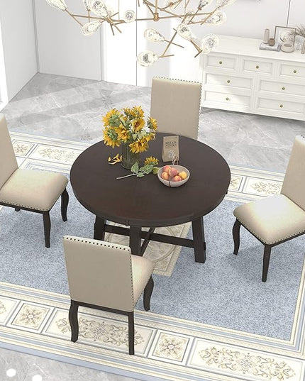 5 Piece Farmhouse Wooden Round Extendable Dining Table Set with 4 Upholstered Chairs, Espresso - LeafyLoom