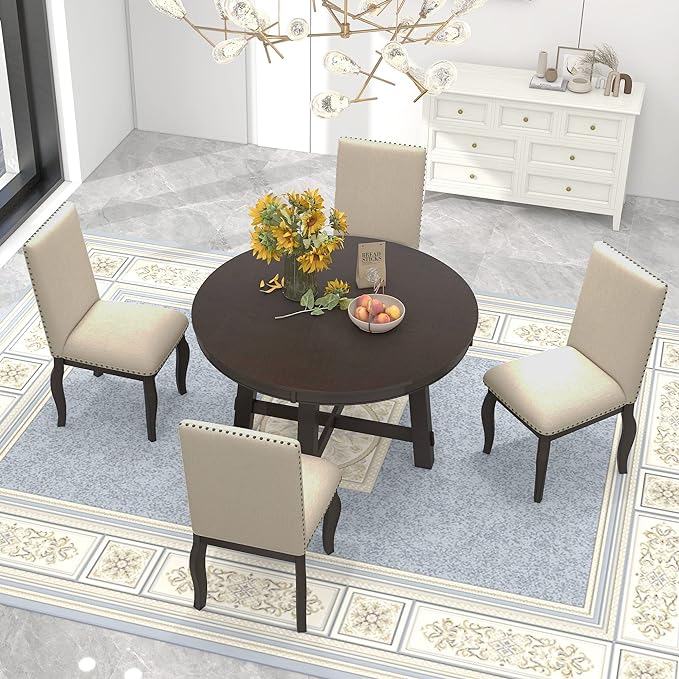 5 Piece Farmhouse Wooden Round Extendable Dining Table Set with 4 Upholstered Chairs, Espresso - LeafyLoom