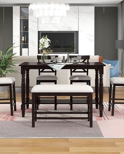 Merax 6-Piece Wooden Counter Height Rectangular Table Set with Bottom Shelf, 4 Chairs, and Padded Bench for Dining Room, Espresso(Update) - LeafyLoom