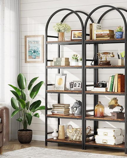 Tribesigns 5-Tier Open Bookshelf, 74.4" Wood Bookcase Storage Shelves with Metal Frame, Freestanding Display Rack Tall Shelving Unit for Office, Bedroom, Living Room, Easy Assembly(Brown, 2PCS) - LeafyLoom