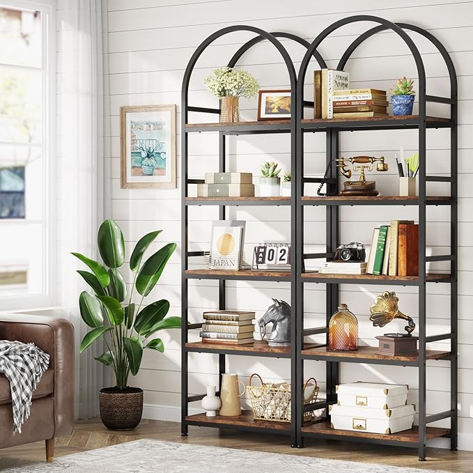 Tribesigns 5-Tier Open Bookshelf, 74.4" Wood Bookcase Storage Shelves with Metal Frame, Freestanding Display Rack Tall Shelving Unit for Office, Bedroom, Living Room, Easy Assembly(Brown, 2PCS) - LeafyLoom