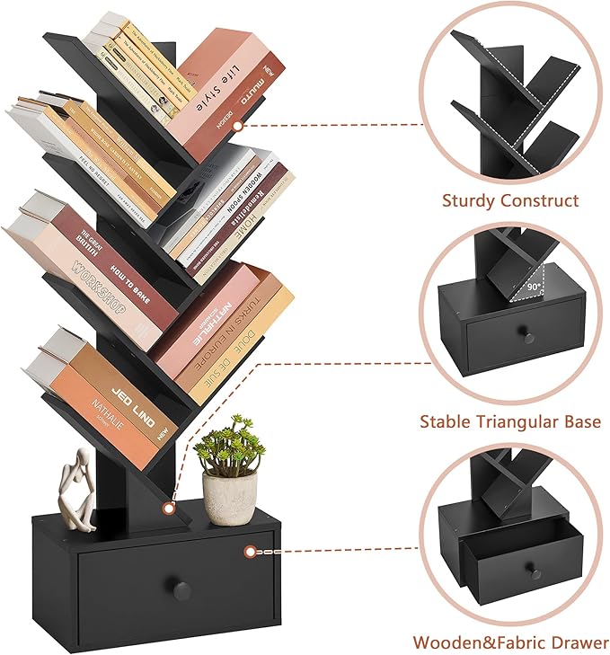 7 Tier Tree Bookshelf with Drawer, Tree Bookcase with Storage, Modern Floor Standing Bookshelves Organizer for Bedroom, Living Room, Home Office, Black - LeafyLoom