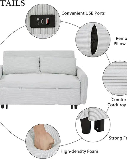 3-in-1 Corduroy Upholstered Futon Loveseat Sofa w/Pull Out Bed and USB Ports, 57.48" Pullout Couch Chaise Lounge with Adjustable Backrest and Throw Pillows for Living Room Small Space - LeafyLoom