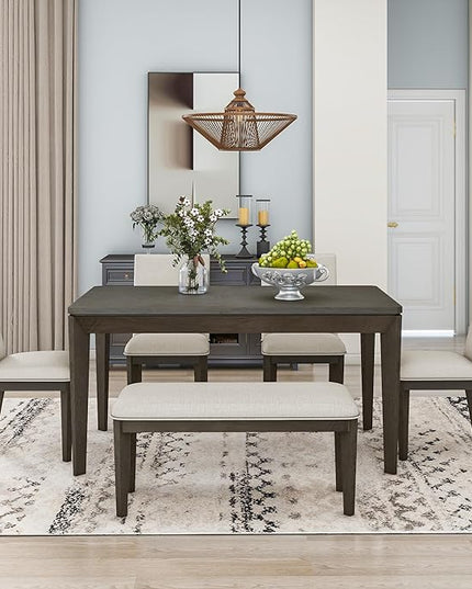 Dining Table Set for 6, Dining Table Set with Upholstered Dining Chairs and Bench, Farmhouse Wooden Rectangular Dining Table with Tapered Legs for Dining Room, Living Room, Dark Grey+Beige - LeafyLoom