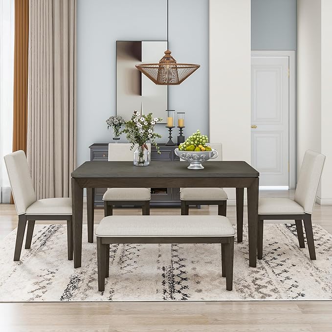 Dining Table Set for 6, Dining Table Set with Upholstered Dining Chairs and Bench, Farmhouse Wooden Rectangular Dining Table with Tapered Legs for Dining Room, Living Room, Dark Grey+Beige - LeafyLoom