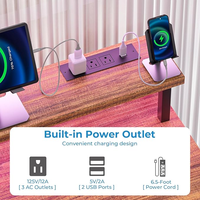 GreenForest Computer Desk with Drawers 47 inch,Gaming Desk with LED Lights & Power Outlets Small Desk with Monitor Stand and Reversible Shelf,Walnut - LeafyLoom