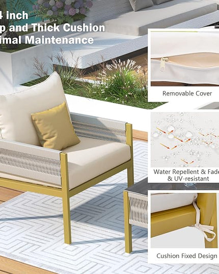4-Piece Patio Conversation Furniture Set, Rope Weave Outdoor Loveseat Sofa with 2 Armchairs, Thick Cushion&Tempered Glass Table, for Garden Backyard, Onesize, Beige+Mustard Yellow - LeafyLoom