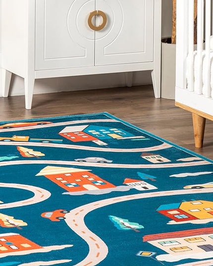 nuLOOM Zita Neighborhood Machine Washable Kids Ultra Thin Area Rug, 4' x 6', Blue Multi - LeafyLoom