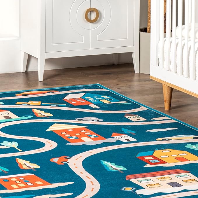 nuLOOM Zita Neighborhood Machine Washable Kids Ultra Thin Area Rug, 4' x 6', Blue Multi - LeafyLoom