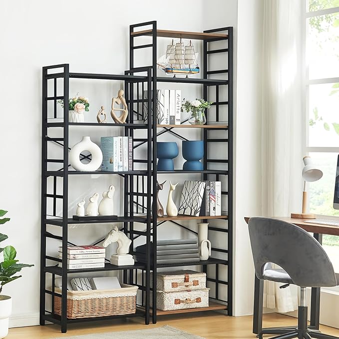 HOMBAZAAR Bookshelf,7 Tier Tall Bookshelf with Metal Frame,Open Bookshelves and Bookcases,Industrial Book Shelf for Living Room,Home Office and Bedroom,Rustic Brown - LeafyLoom
