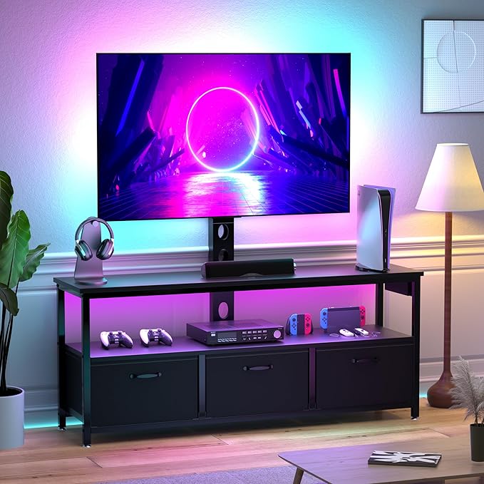 TV Stand with Mount and Power Outlet, Swivel TV Stands Mount with LED Lights for 32/45/55/60/65 inch TVs, Entertainment Center with Storage, Media Console Cabinet for Living Room, Bedroom, Black - LeafyLoom