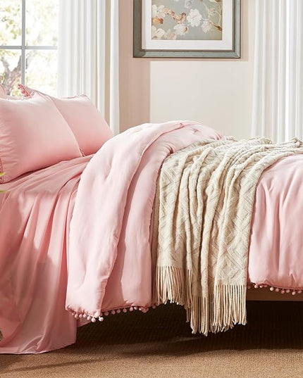 Anluoer Queen Comforter Set 7 Piece, Pink Bed in a Bag with Sheets, Pom Pom Boho Bedding Comforter Sets with 1 Comforter, 2 Pillow Shams, 2 Pillowcases, 1 Flat Sheet, 1 Fitted Sheet - LeafyLoom
