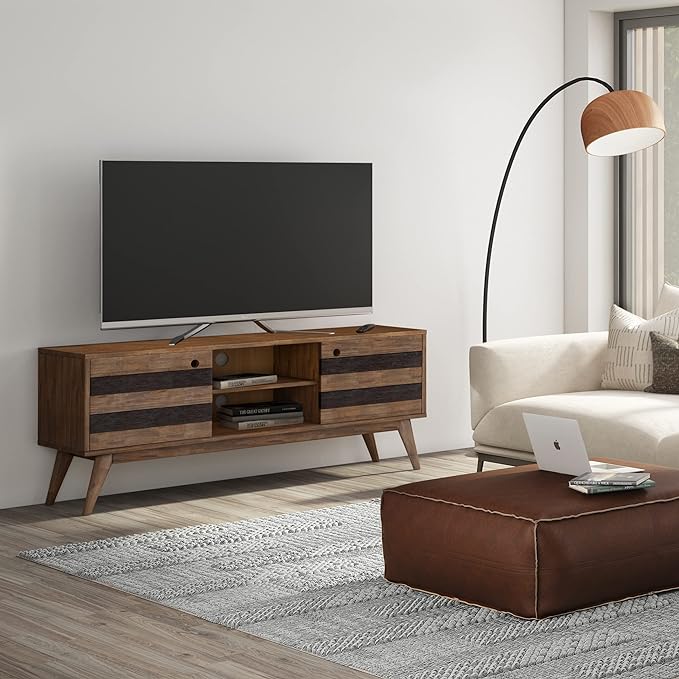 SIMPLIHOME Clarkson SOLID ACACIA WOOD 60 Inch Wide Mid Century Design TV Media Stand in Rustic Natural Aged Brown for TVs up to 65 Inches, For the Living Room and Entertainment Center - LeafyLoom