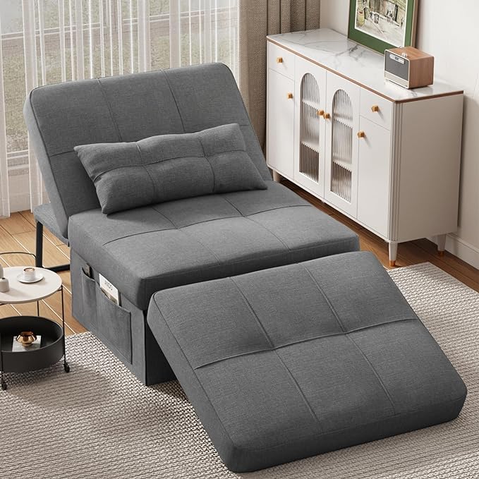 Sleeper Chair Bed, 4 in 1 Convertible Chair Bed Sofa Bed, Assembly-Free Sofa Chair Bed with Adjustable Backrest and Pillow, Modern Breathable Linen Fabric for Living Room Apartment Office, Dark Grey - LeafyLoom