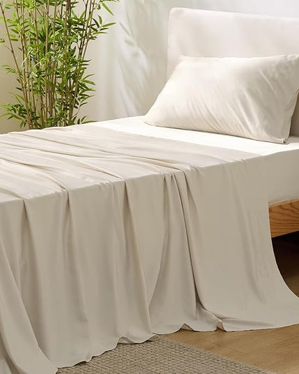 Bedsure Twin XL Sheet Set Dorm Bedding, Cooling Sheets Twin Extra Long Sheets, Rayon Derived from Bamboo, Deep Pocket Up to 16", Hotel Luxury Silky Bedding Sheets & Pillowcases, Light Beige - LeafyLoom