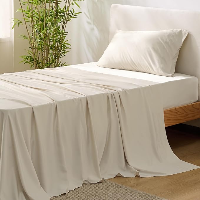 Bedsure Twin XL Sheet Set Dorm Bedding, Cooling Sheets Twin Extra Long Sheets, Rayon Derived from Bamboo, Deep Pocket Up to 16", Hotel Luxury Silky Bedding Sheets & Pillowcases, Light Beige - LeafyLoom