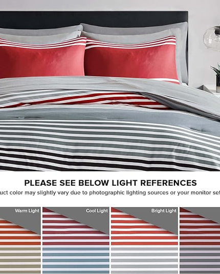 Comfort Spaces Queen Comforter Sets with Sheets - Bed in a Bag 9 Pieces Teen Bedding Sets Queen, Red and Grey Stripes Bedding Queen, College Queen Bed Set with 2 Side Pockets Bedroom Organizer - LeafyLoom