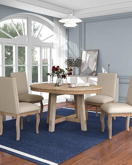 5-Piece Dinette Sets Round Extendable Kitchen Dining Table, 4 Upholstered Chairs, for Diningroom Living Room, Easy to Assemble, Natural Wood Wash 1 - LeafyLoom