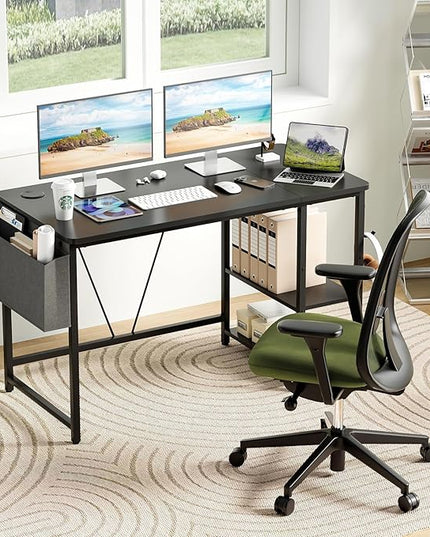 Computer Desk, 47.2” Home Office Desks, Modern Small Desk for Bedroom, Gaming Desk with Iron Hook and Height Adjustable Feet, Sturdy Student Writing Desk with Storage Bag, Storage Shelves - LeafyLoom