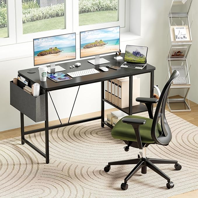Computer Desk, 47.2” Home Office Desks, Modern Small Desk for Bedroom, Gaming Desk with Iron Hook and Height Adjustable Feet, Sturdy Student Writing Desk with Storage Bag, Storage Shelves - LeafyLoom