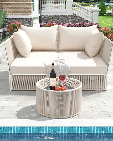 2-Piece Sunbed and Coffee Table, Patio Double Chaise Lounger Loveseat Daybed Outdoor Furniture Set for Backyard Poolside Lawn Balcony, Full, Ac-Beige - LeafyLoom