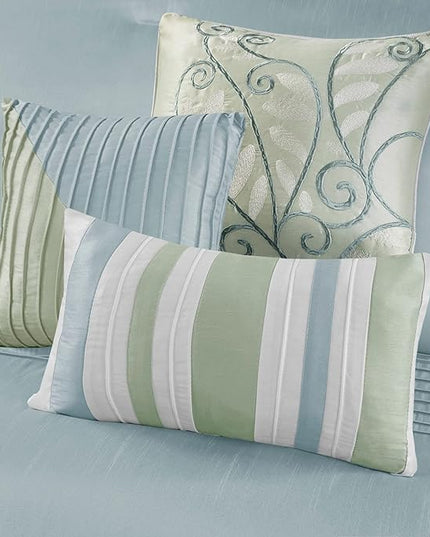 Madison Park Amherst Faux Silk Comforter Set-Casual Contemporary Design All Season Down Alternative Bedding, Matching Shams, Bedskirt, Decorative Pillows, Cal King(104"x92"), Green, 7 Piece (MP10-848) - LeafyLoom