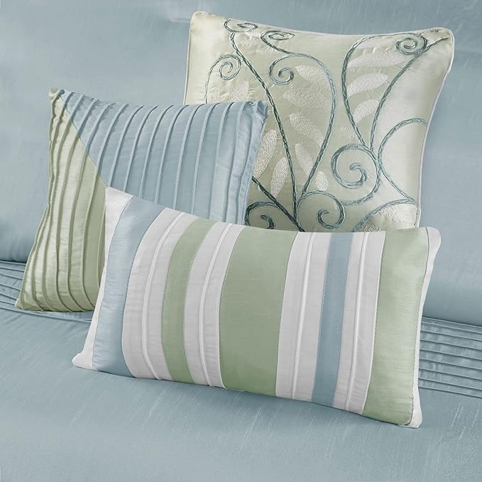 Madison Park Amherst Faux Silk Comforter Set-Casual Contemporary Design All Season Down Alternative Bedding, Matching Shams, Bedskirt, Decorative Pillows, Cal King(104"x92"), Green, 7 Piece (MP10-848) - LeafyLoom