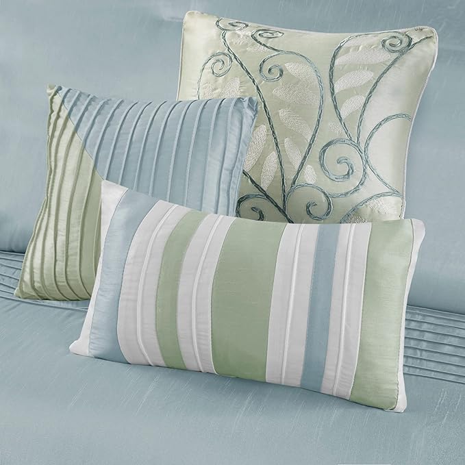 Madison Park Amherst Faux Silk Comforter Set-Casual Contemporary Design All Season Down Alternative Bedding, Matching Shams, Bedskirt, Decorative Pillows, King(104"x92"), Green, 7 Piece (MP10-847) - LeafyLoom