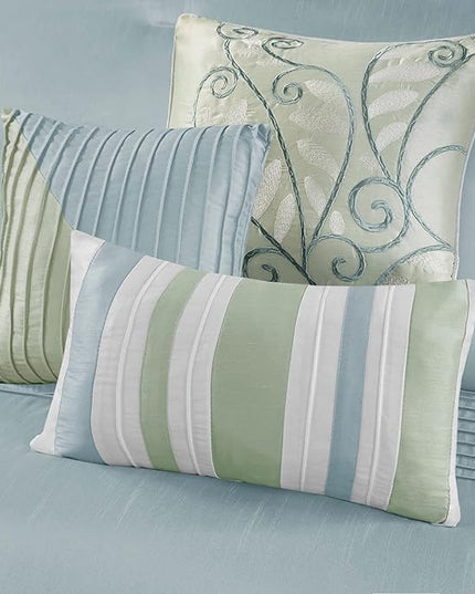 Madison Park Amherst Faux Silk Comforter Set-Casual Contemporary Design All Season Down Alternative Bedding, Matching Shams, Bedskirt, Decorative Pillows, Queen(90"x90"), Green, 7 Piece (MP10-846) - LeafyLoom
