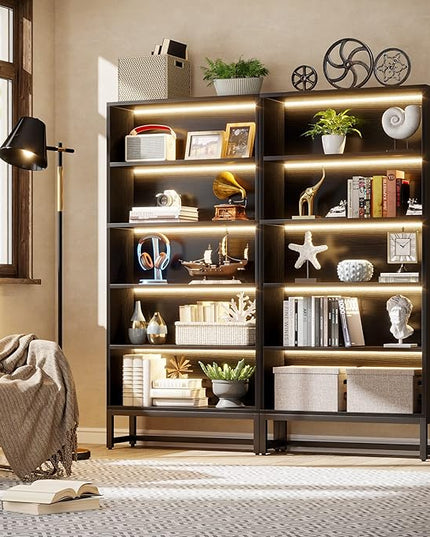 Tribesigns Tall Bookcase Black Bookshelf, 70.8” Large Bookcases Organizer with LED Lights, Heavy Duty Free-Standing Library Bookshelf with 5-Tier Storage Shelves for Living Room, Bedroom (Black) - LeafyLoom