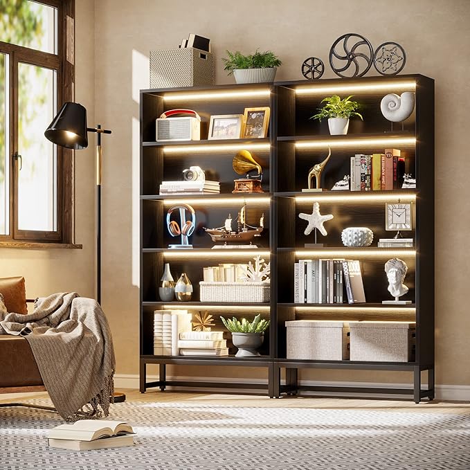 Tribesigns Tall Bookcase Black Bookshelf, 70.8” Large Bookcases Organizer with LED Lights, Heavy Duty Free-Standing Library Bookshelf with 5-Tier Storage Shelves for Living Room, Bedroom (Black) - LeafyLoom