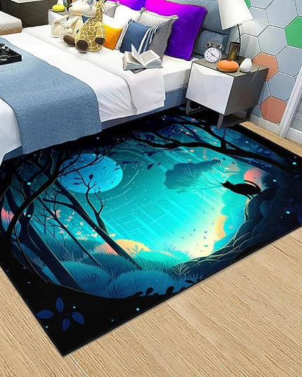 Cat Rug - Magic Black Cat Rug for Home Decor Moon Black Cat Rug for Boys Room Cat Door Mats Outdoor Entrance Forestscape Cat Rug, 3x4 Feet - LeafyLoom