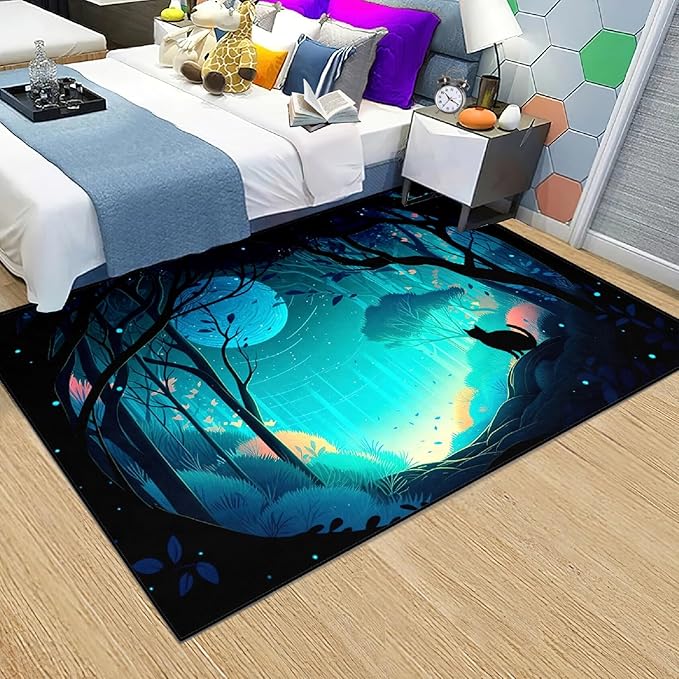 Cat Rug - Magic Black Cat Rug for Home Decor Moon Black Cat Rug for Boys Room Cat Door Mats Outdoor Entrance Forestscape Cat Rug, 3x4 Feet - LeafyLoom