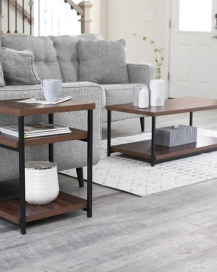 Household Essentials Jamestown Rectangular Coffee Table with Storage Shelf Mid Century Walnut Wood Grain and Black Metal - LeafyLoom