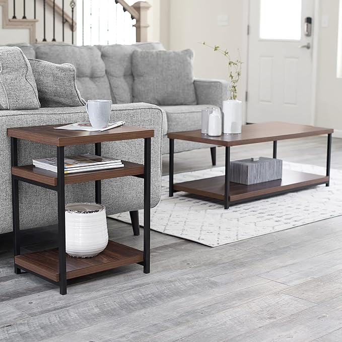 Household Essentials Jamestown Rectangular Coffee Table with Storage Shelf Mid Century Walnut Wood Grain and Black Metal - LeafyLoom
