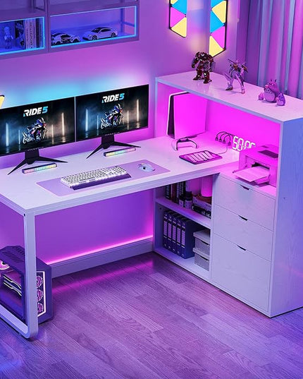 DWVO L Shaped Desk with Drawers, 55" Corner Computer Desk with Bookshelf & Power Outlets & LED Lights, Home Office Desk with Storage Shelves, White - LeafyLoom